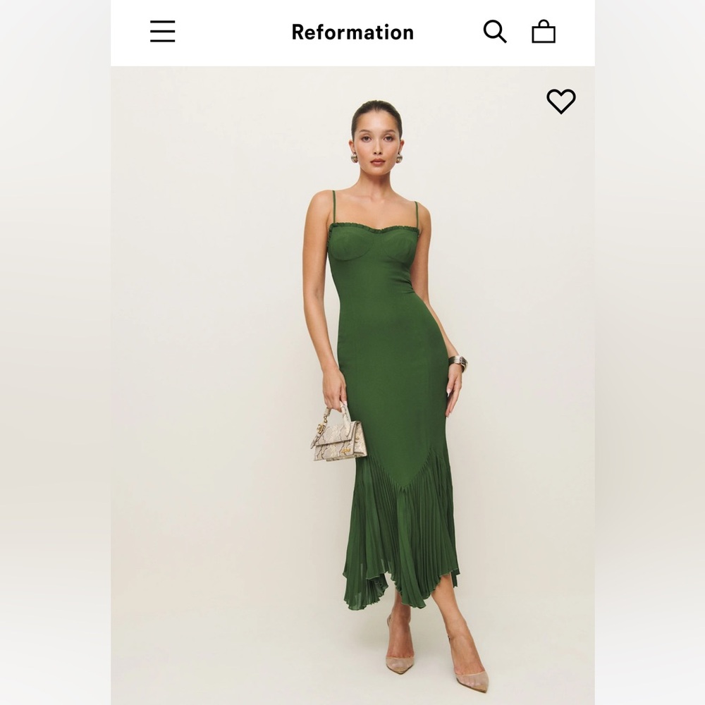Reformation Green Pleated Midi Dress